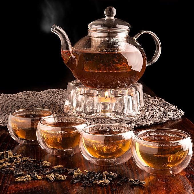 Moss & Stone Glass 27oz Tea Kettle Infuser & 4 Tea Cups Gift Set, Borosilicate - Image 6