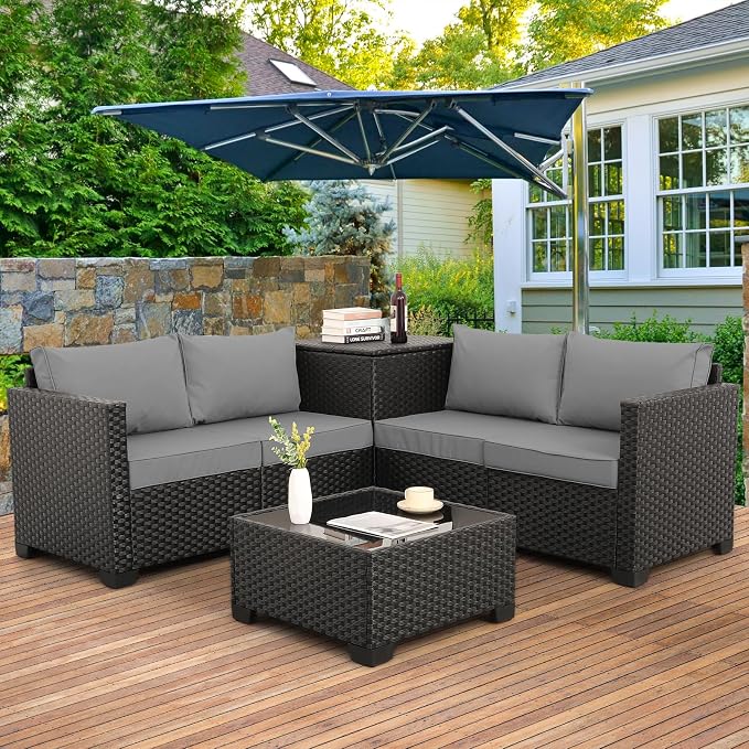 WAROOM Patio Furniture Set 4 Piece Conversation Sets Black Rattan Outdoor Couch by WAROOM