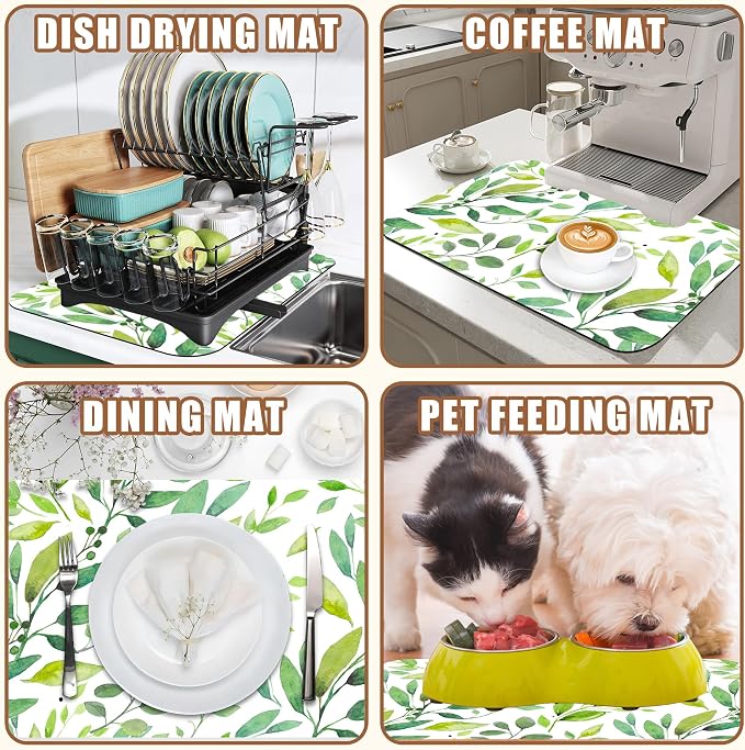 Dish Drying Mat Watercolor Green Leaves Coffee Bar Mat - Image 7