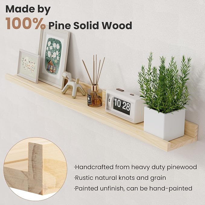 Long Floating Shelves for Wall, 55 inch Solid Wood Picture Ledge Shelf - Image 4