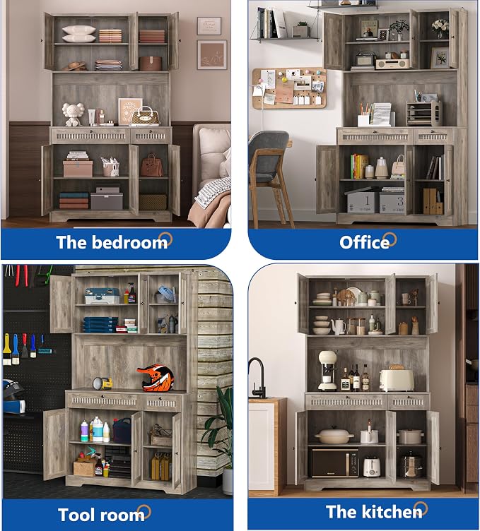 Pantry Storage Cabinet with Charging Station, Kitchen Storage with Adjustable - Image 7