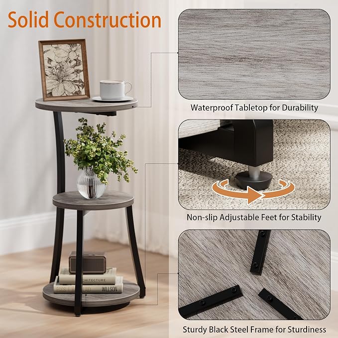 JUSTOGO Small Side Table, 3-Tier Round End Table - Image 5