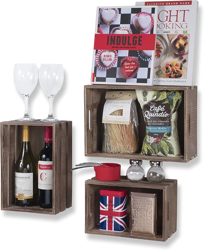 Wallniture Kitchen Storage Wine Rack Wooden Crate Basket Walnut Set of 3 by Wallniture
