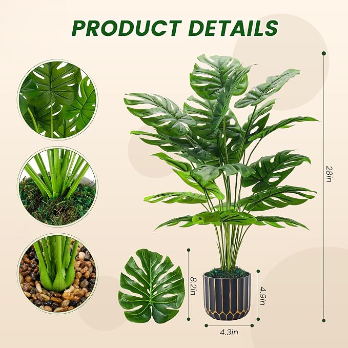 Der Rose 28'' Fake Plants Tall Artificial Monstera Faux Plants Indoor Outdoor - Image 3