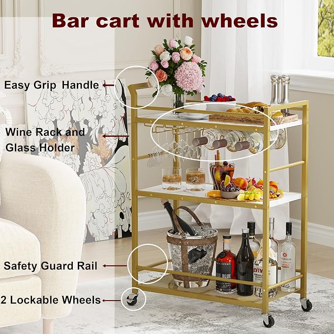 3 Tier Bar Cart, Small Beverage Cart, Mini Bar Cart - Image 6