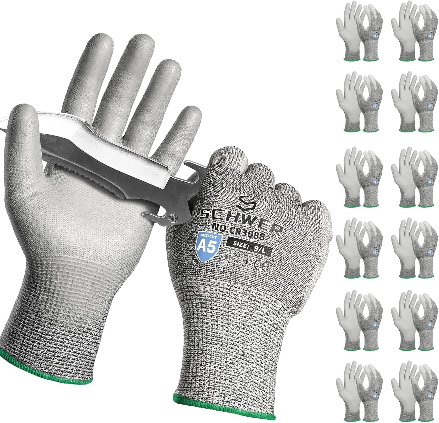 Schwer 240 Pairs ANSI A5 Cut Resistant Work Gloves, Cut Proof Gloves with PU Coating, Used for Metal Fabrication, WoodWorking, Construction, Non Slip, Durable, L, CR3088