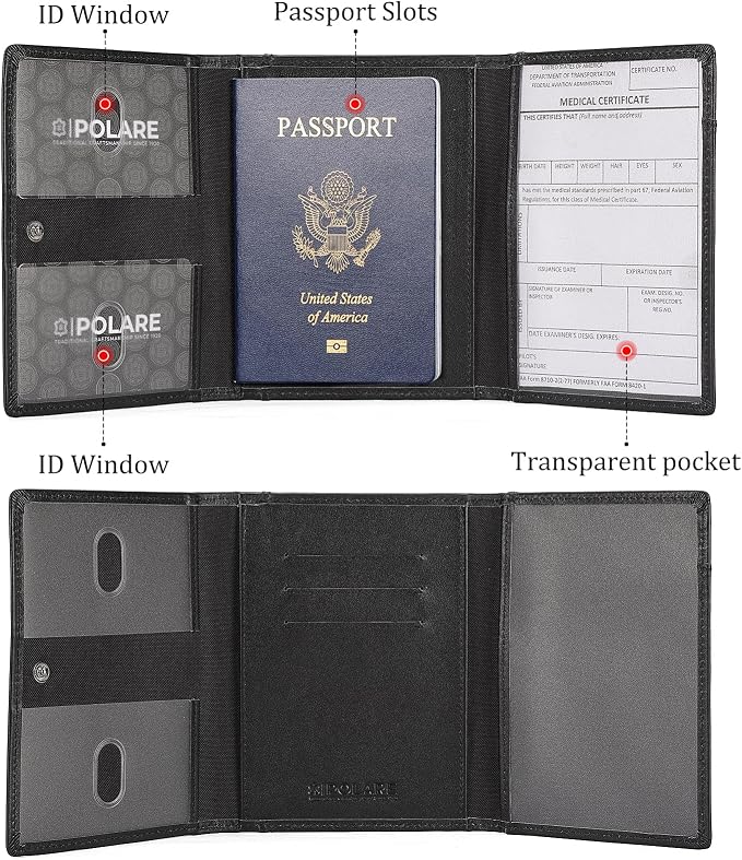 Polare Napa Leather Pilot Wallet Passport Holder RFID Blocking Tri-fold Travel - Image 6