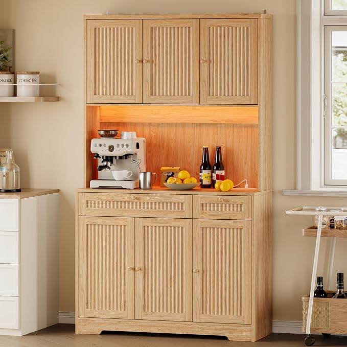 BORNOON Pantry Cabinet with Charging Station and Light, Tall Kitchen Pantry by BORNOON