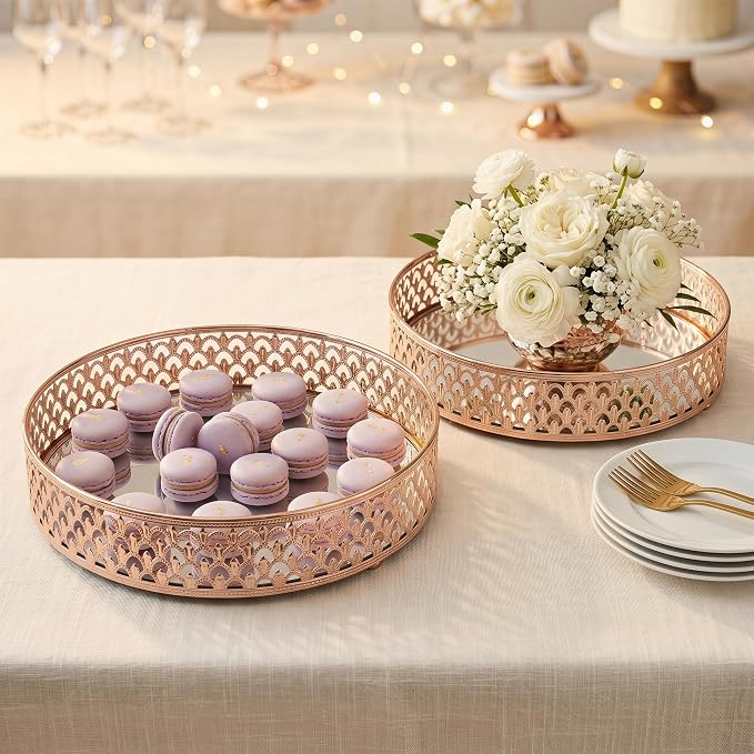 10 Inch Glass and Gold Round Tray Set of 2，Dinner Plate Perfume and Vanity Tray - Image 6