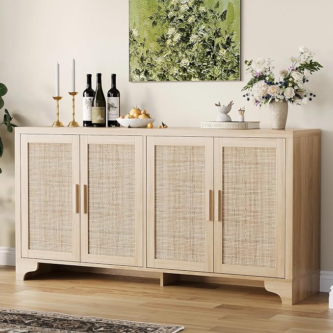 GarveeHome 4-Door Sideboard Buffet Cabinet, Natural Rattan Storage Cabinet by GarveeHome