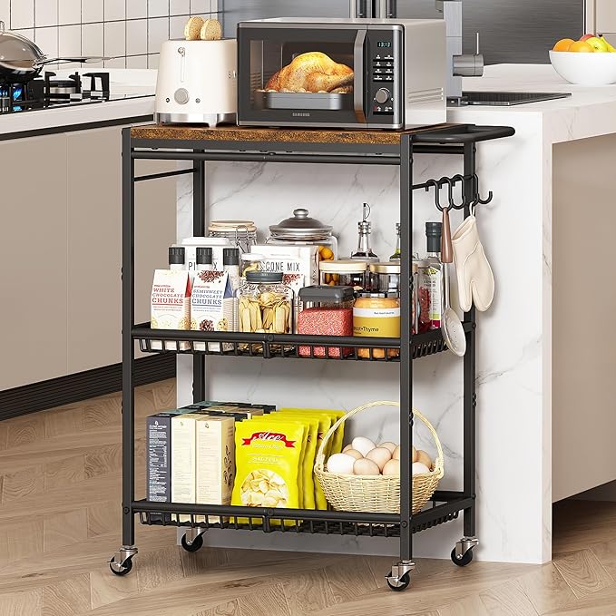 Microwave Kitchen Cart with Push Handle, 3 Tier Rolling Cart with 2 Lockable by Unknown