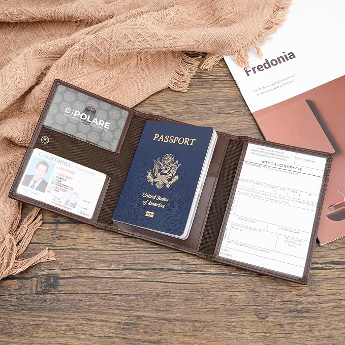 Polare Napa Leather Pilot Wallet Passport Holder RFID Blocking Tri-fold Travel - Image 9