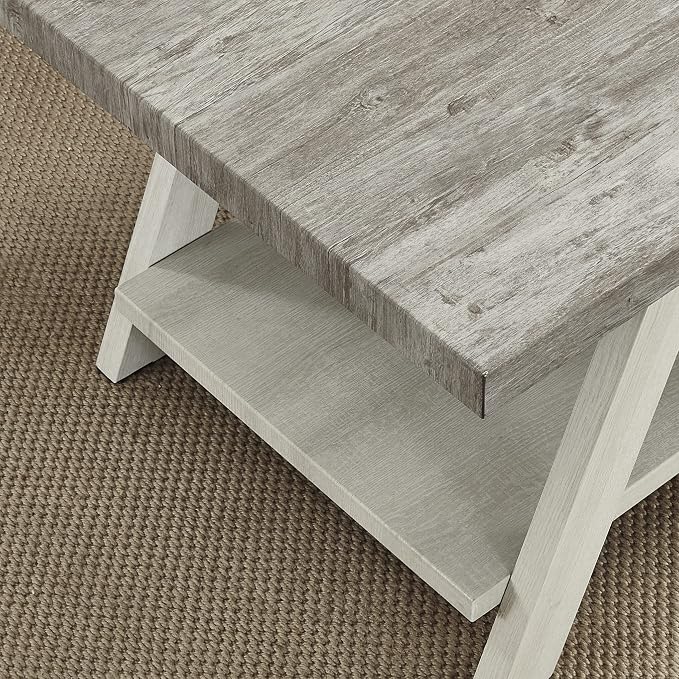 Modern End Table with Storage Shelf, Weathered Gray and Beige Wood Side Table - Image 3
