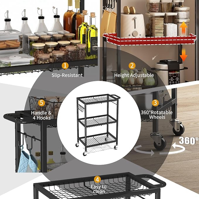 3-Tier Rolling Cart, Space-Saving Kitchen Cart - Image 6