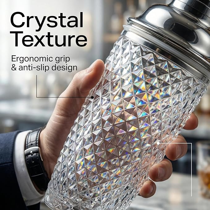 Diamond Cut Glass Cocktail Shaker 15oz | Leakproof, Stainless Lid, Upgrated - Image 8