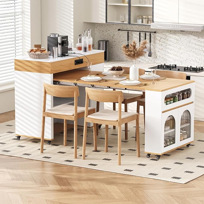 Rolling Kitchen Island with Extendable Dining Table & Power Outlet, 73.8’’ by Amposei