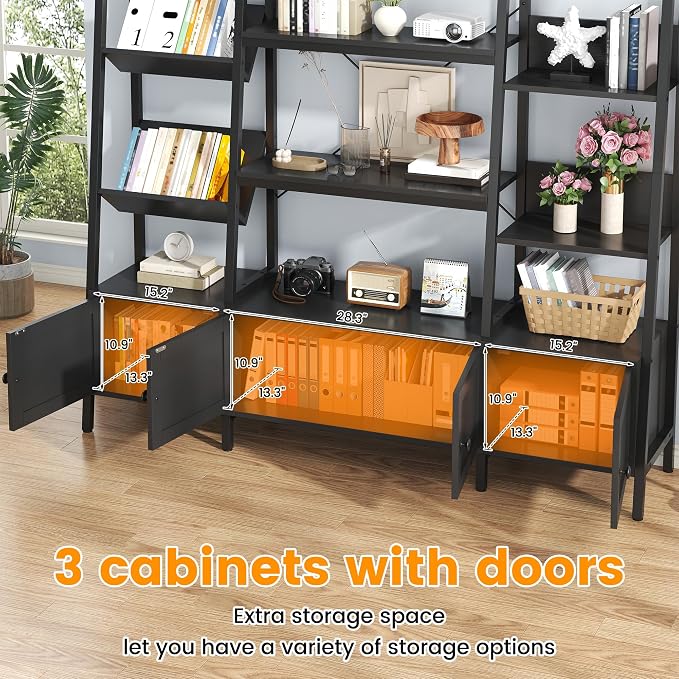 Ladder Bookshelves with 4 Doors, Triple Wide 4-Tier Large Open Bookshelf with - Image 5