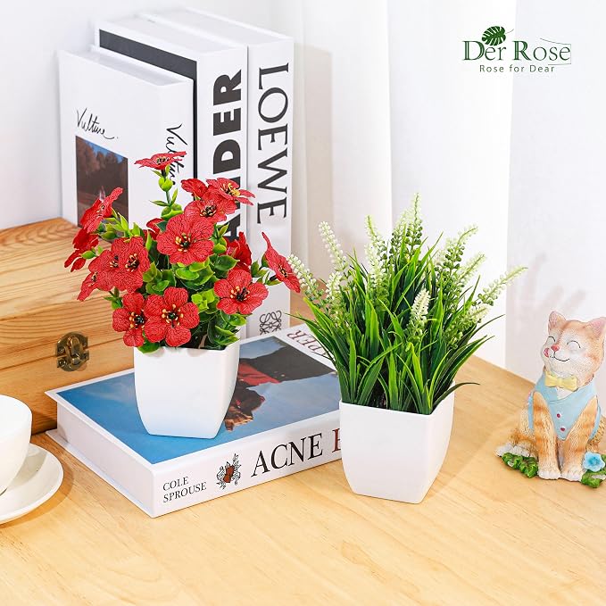 Der Rose Fake Plants 4 Pack Small Artificial Flowers in White Pots - Image 4