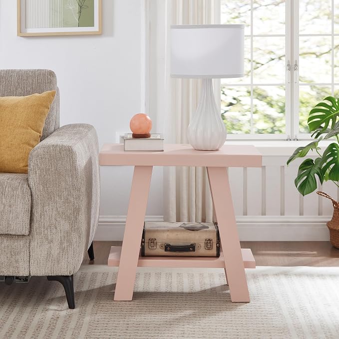 Pink Wood Side Table with Storage Shelf, 23.5 Inch Contemporary Accent Table - Image 7