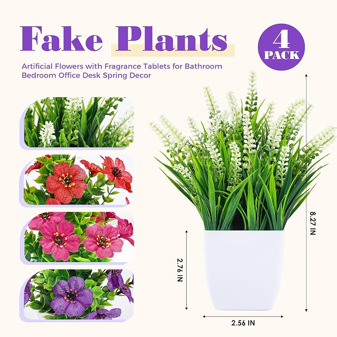Der Rose Fake Plants 4 Pack Small Artificial Flowers in White Pots - Image 3