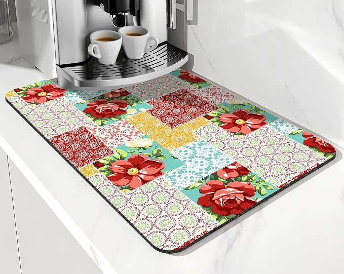 Coffee Bar Mat Accessories for Countertop Pioneer Flower Absorbent Hide Stain by Safarsa