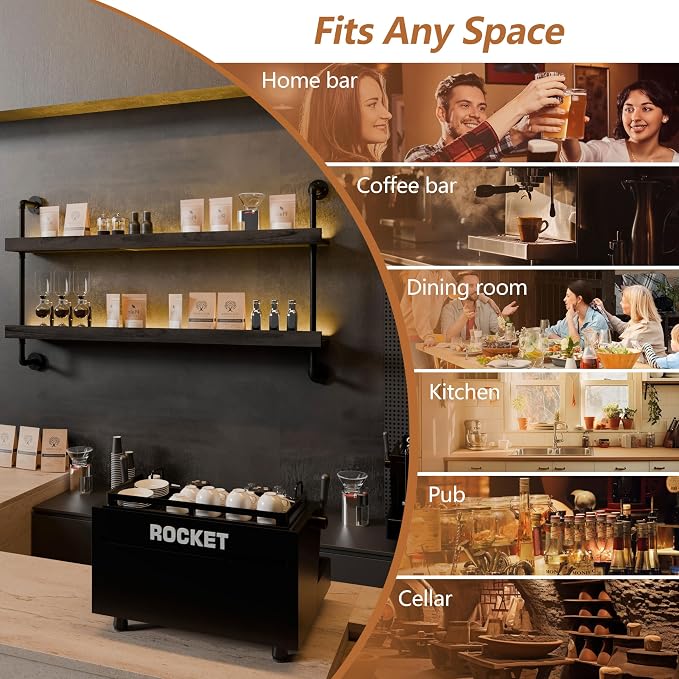 Wall Mounted Wine Rack with LED Light, LED Industrial Pipe Liquor Bar Shelves - Image 6