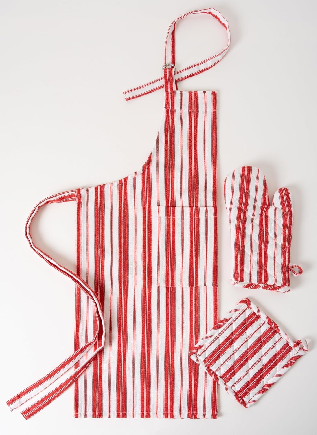 1 Oven Mitt, 1 PotHolder & 1 Kitchen Apron Set - Durable Heat Resistant Gloves - Thick Mittens for Kitchen - Suitable for Cooking, Baking, Grilling – Men & Women – Bright Red Stripes - Casa De Lan