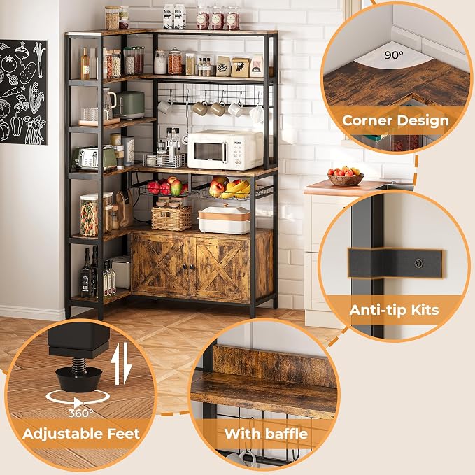 IRONCK Corner Bakers Rack with Power Outlet, Coffee Bar 6 Tier with Storage - Image 8