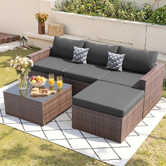 UDPATIO 5 Piece Patio Furniture Set, All-Weather Wicker Outdoor Sectional Sofa by UDPATIO