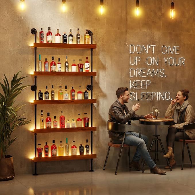 Wall Mounted Wine Rack with LED Light, LED Industrial Pipe Liquor Bar Shelves - Image 6