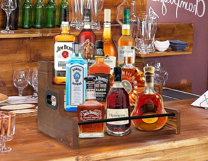 Liquor Bottle Display Shelf Solid Wood Coffee Syrup Rack 3 Step Countertop - Image 5