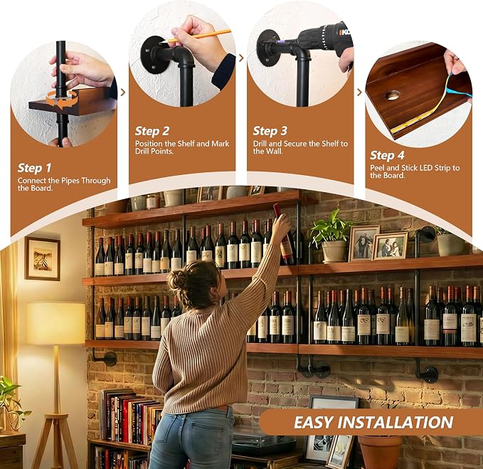 Wall Mounted Wine Rack with LED Light, LED Industrial Pipe Wine Shelf, 2-Tier - Image 4
