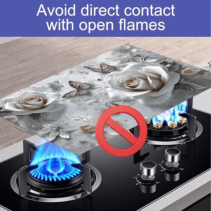 White Rose Butterfly Stove Top Cover 28.3 x 20.5 Inches, Heat Resistant Glass - Image 6