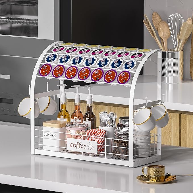 Metal K Cup Holder with Wooden Tray, 2-Tier Coffee Bar Organizer with Mug Hooks - Image 4