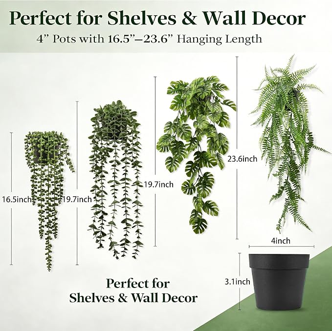 4 Pack Artificial Hanging Plants Indoor – Faux Hanging Wall Plants, String of - Image 2