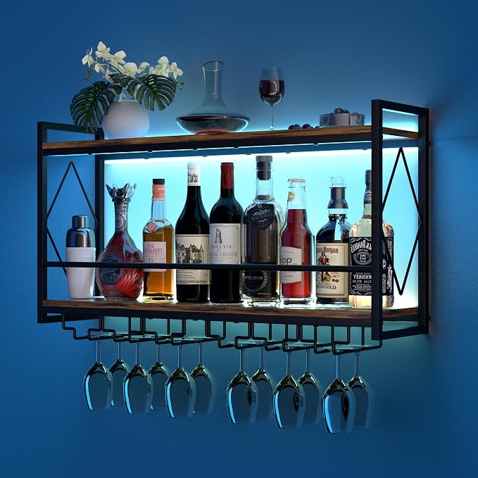 Wall Mounted Wine Rack with LED Light, 31.5" Bar Liquor Shelves with Glass - Image 2