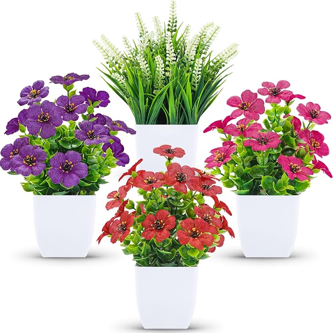 Der Rose Fake Plants 4 Pack Small Artificial Flowers in White Pots by DerRose