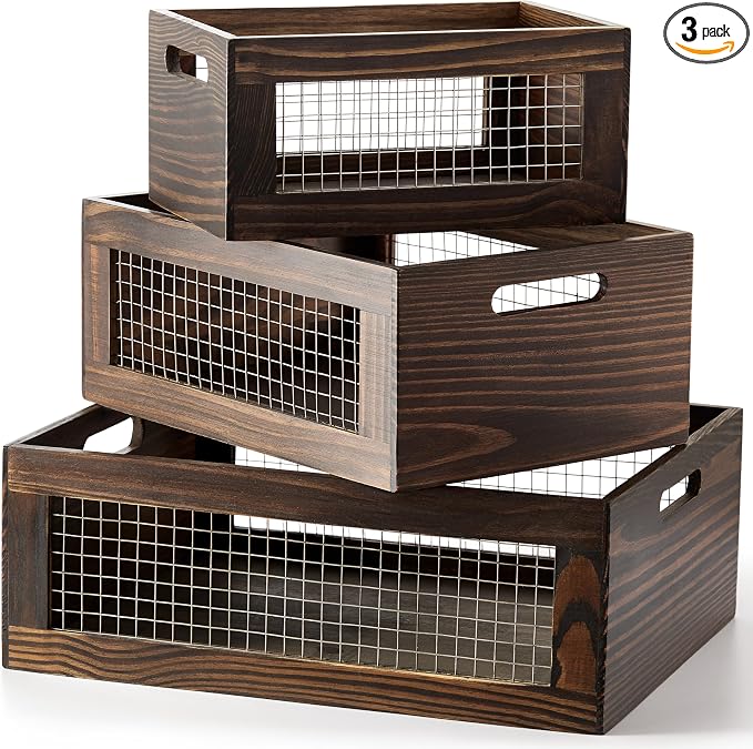 Set of 3 Extra Large Wooden Nesting Countertop Baskets, Rustic Wood Storage by NAGAWOOD
