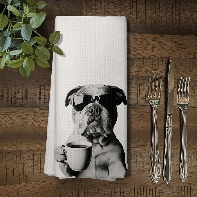 Funny English Bulldog Coffee Kitchen Towels, Cute Dog Tea Towels, Dog Lover - Image 5