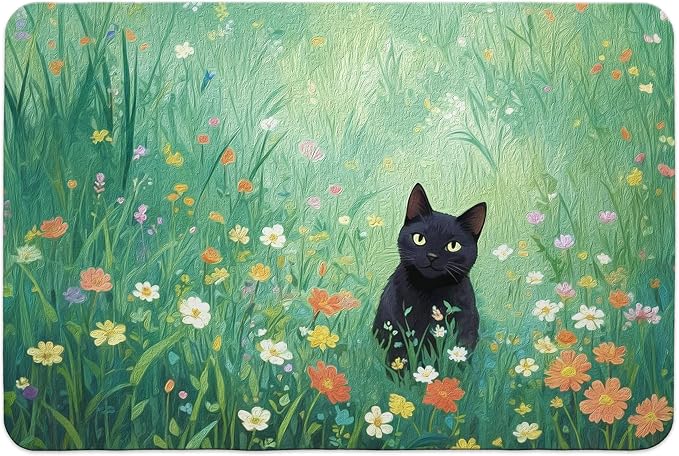 Wildflower Black Cat Dish Drying Mat, Cat Lover Gifts, Cats in Colorful Floral by Unknown