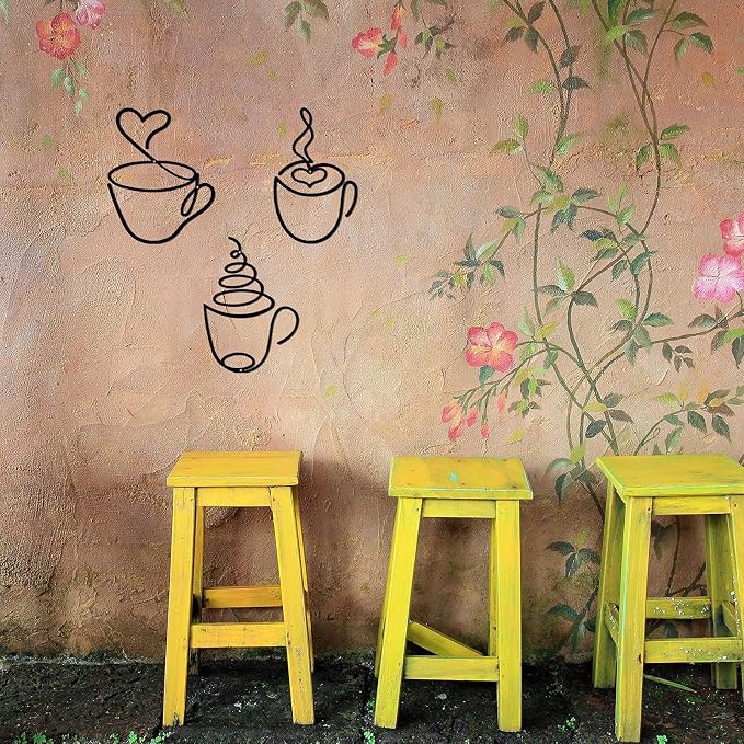 Ferraycle 3 Pieces Coffee Cup Metal Wall Art Wire Coffee Bar Hanging Decor Cafe - Image 5
