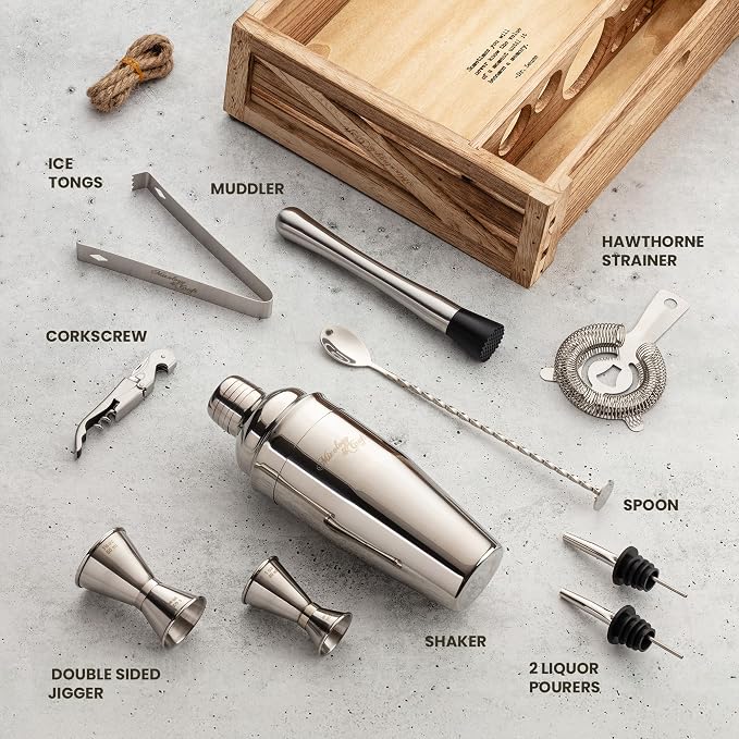 Mixology & Craft Rustic Cocktail Shaker Set – Includes Wood Stand, Complete - Image 6