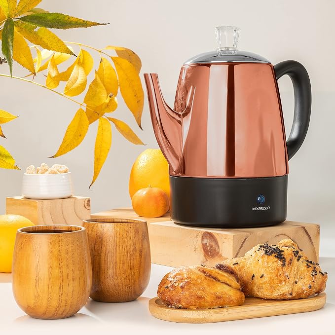 Mixpresso 4 Cup Percolator Coffee Pot Electric, Copper Stainless Steel Coffee - Image 6