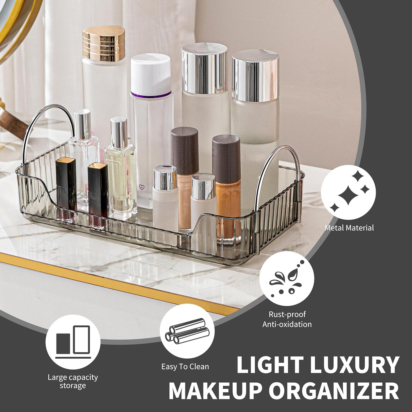 YCIA&DONE Bathroom Organizer Countertop, Makeup Storage, Skincare Cosmetic Tray Shelf, Perfume Holder Rack for Vanity Counter, Large Capacity, Easy to Install, Clean, 1 Tier, Smoky Gray