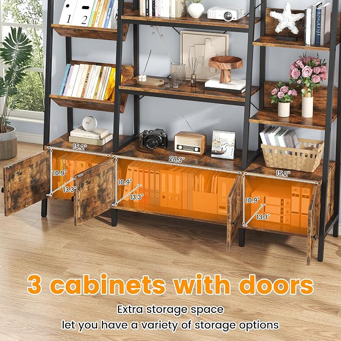 Ladder Bookshelves with 4 Doors, Triple Wide 4-Tier Large Open Bookshelf with - Image 5