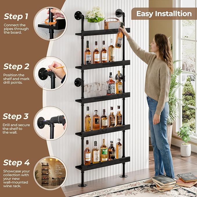 Industrial Wine Rack Wall Mounted, Industrial Pipe Bar Shelf - Image 4