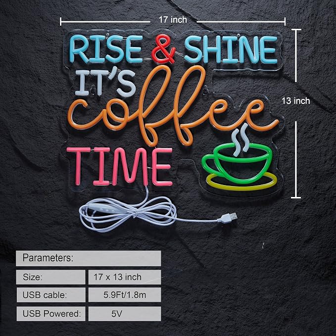 Coffee Bar Sign Rise Shine It's Coffee Time Neon Signs - Image 2