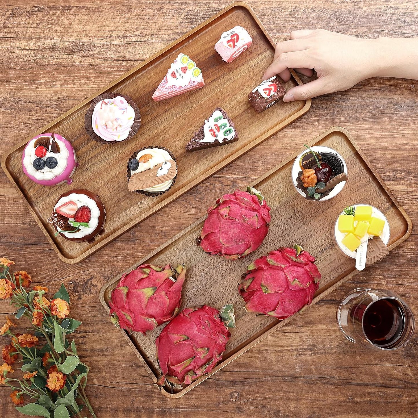 1 pcs 15.7" x 7" Large Solid Acacia Wood Serving Trays Rectangular Wooden Serving Platters Natural Wooden Boards for Bar Coffee Party