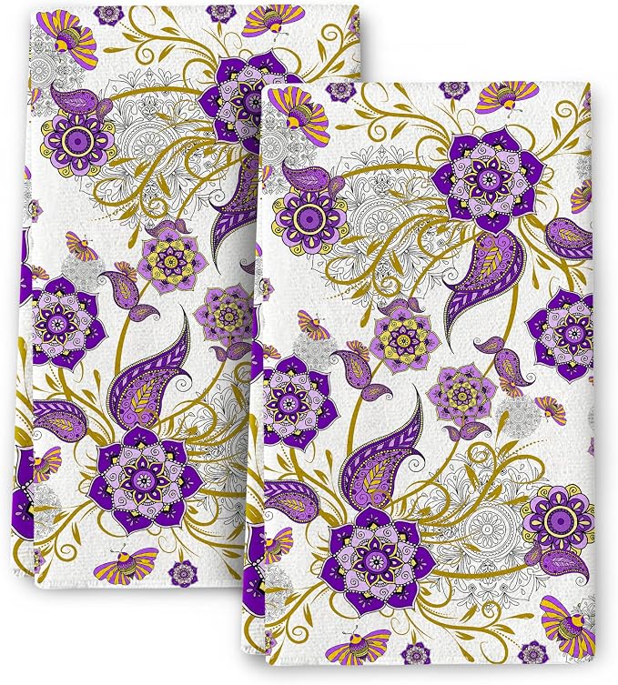 Purple Kitchen Towels Set of 2, Boho Floral Dish Towel by Bapcoku