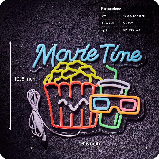 Movie Time Neon Sign Popcorn Cinema LED Light USB Powered Neon - Image 3